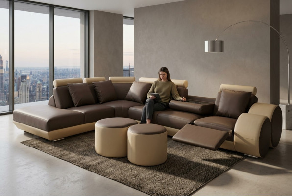 Big Eck Sofa mit USB Leder Garnitur Ecke Landschaft Polster Wohn L Form Hocker