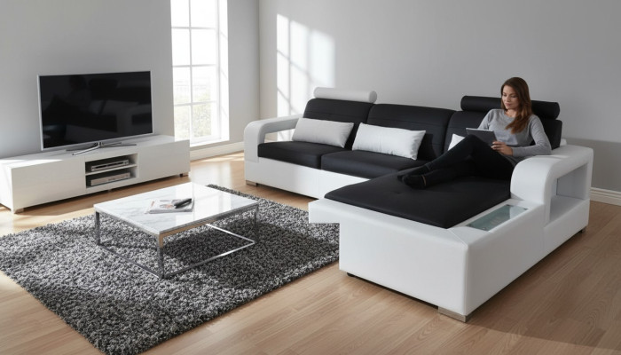 Ledersofa mit USB Wohnlandschaft Eck Garnitur Design Modern Sofa L-Form L6008