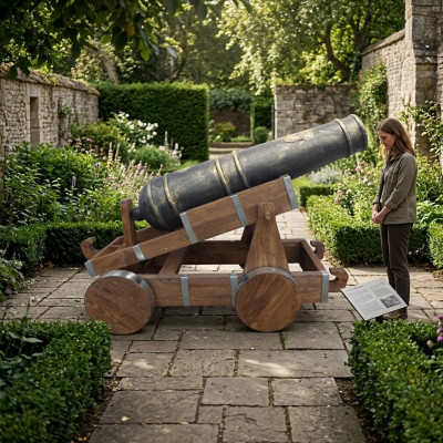 Antike Kanone auf Rädern Deko Garten Dekoration Skulptur Statuen Holz 200 cm Neu