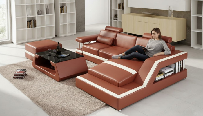 Ledersofa mit USB Wohnlandschaft Ecksofa Eck Garnitur Design Modern Sofa L6002E