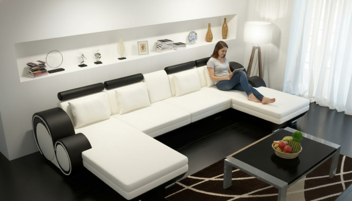Ledersofa Berlin U-Form + USB Lederecksofa Ledereckcouch Sofa Garnitur XXL Liege