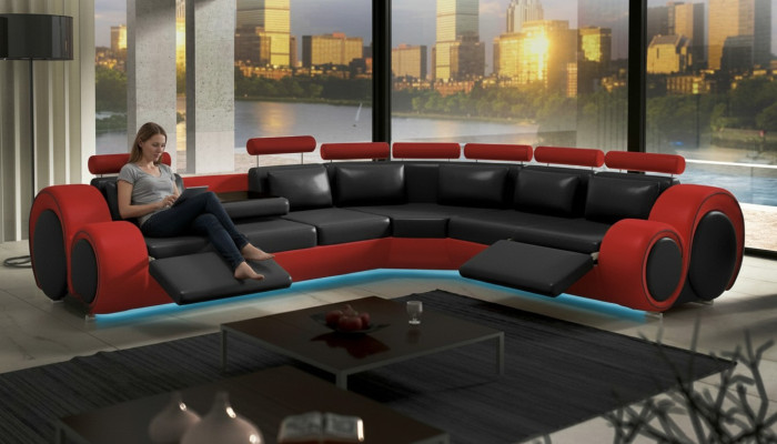 Leder Sofa mit USB Design Sofa Ledercouch Wohnlandschaft Eckcouch 