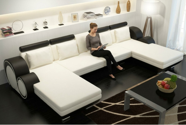Ledersofa Berlin U-Form Lederecksofa + USB Ledereckcouch Sofa Garnitur XXL Liege