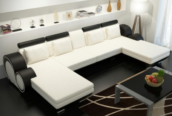 Ledersofa Berlin U-Form Lederecksofa + USB Ledereckcouch Sofa Garnitur XXL Liege