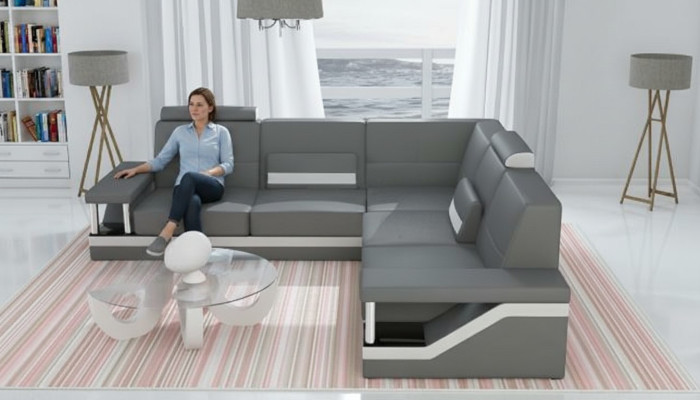 Ledersofa Eckcouch Sofa + USB Poster Eckgarnitur Sofas Stoff Leder Garnitur Neu