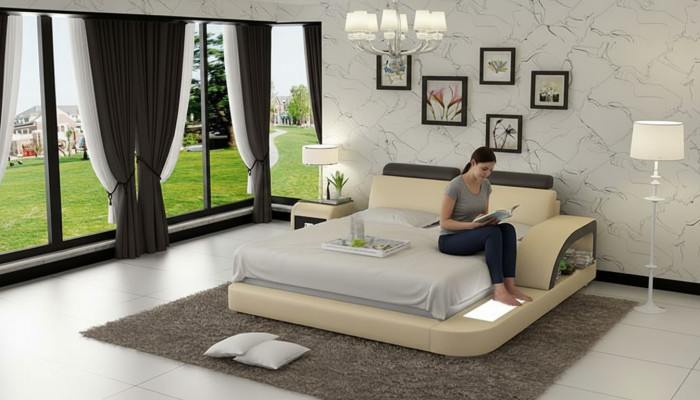 Design Polster Doppel Bett Moderne Betten Schlafzimmer mit USB & Regal 160x200cm