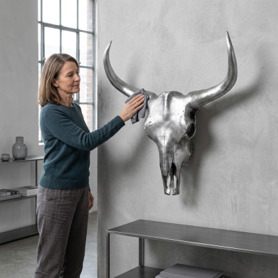 Silberner Bullenschädel Stierkopf Wand Skulpturen Höhe 60 cm Deko Figur Wand