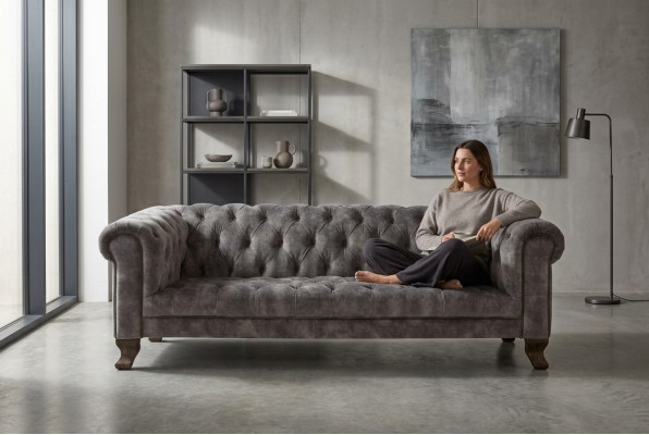 Klassische Leder Couch - Graue Chesterfield Stoff Sofa 3 Sitzer Neu jvmoebel ®