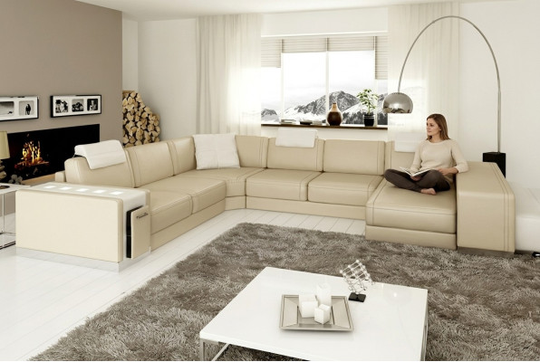 Ecksofa Sofa Wohnlandschaft U Form Polster Couch Ledersofa Hocker