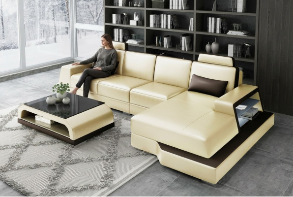 Ecksofa Sofa Wohnlandschaft L Form Polster Couch Ledersofa Beige Sofas