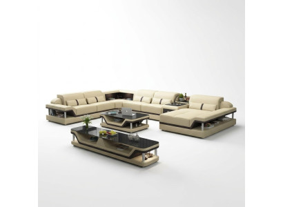 Ecksofa Beige mit Couchtisch 2tlg. Wohnzimmer Ledersofa Set Eckgarnitur Tisch