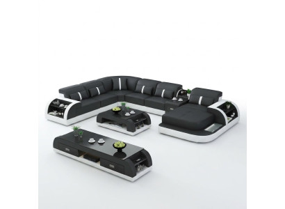 Garnitur Design Wohnlandschaft Ecksofa Sofa Couch U-Form Tisch Leder 2tlg. sets