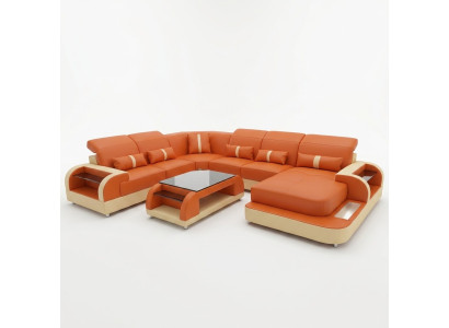 Wohnlandschaft u Form Ledersofa Polster Ecksofa Sofa Couch Leder Textil usb neu