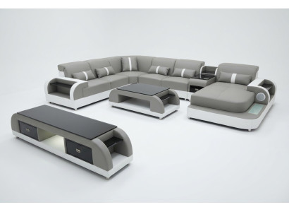 Garnitur Design Wohnlandschaft Ecksofa Sofa Couch U-Form Couchtisch Leder 2tlg