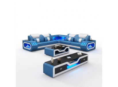Ecksofa L Form Couchtisch Sofa Couch Design Polster Leder Modern Blau Tisch neu