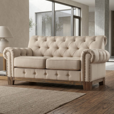 Chesterfield 2 Sitz Klassische Luxus Natur Holz Gestell Sofa Textil Leder Couch