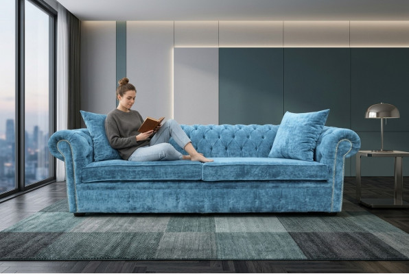 Klassische Wohnzimmer Sofa - Blaue Chesterfield Stoff Couch 3 Sitzer jvmoebel ®