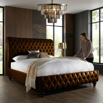 Designer braunes Chesterfield Polsterbett Luxus Schlafzimmer Doppelbett