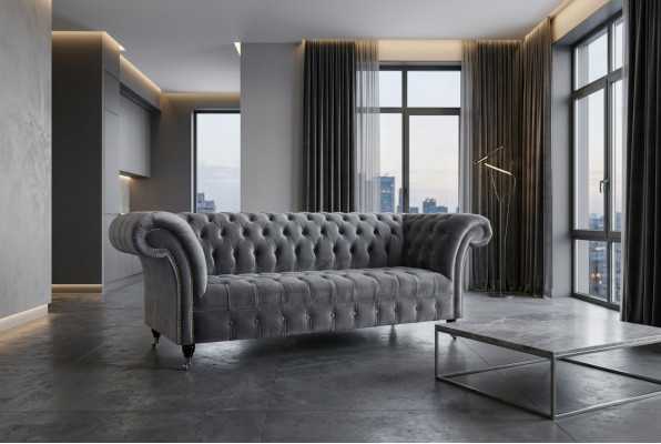 Moderner Chesterfield grauer 3-Sitzer Stilvolle Wohnzimmer 3-er Couch