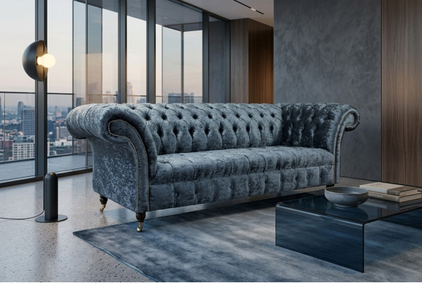 Wohnzimmer Chesterfield Sofa Couch Design Textil Couchen Sofas Dreisitzer Grau