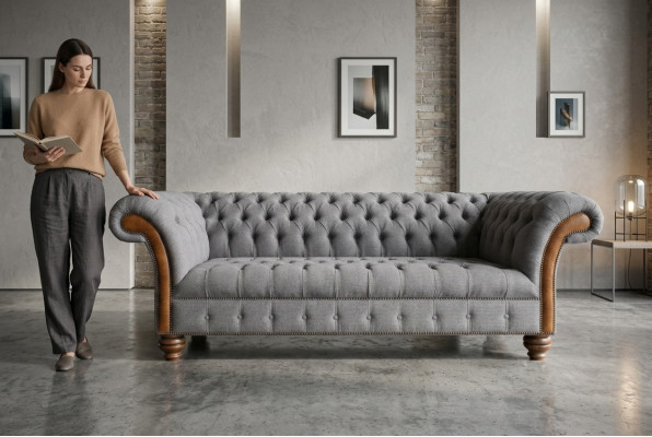 Edler grauer Chesterfield Dreisitzer Luxus Wohnzimmer 3-er Sofa