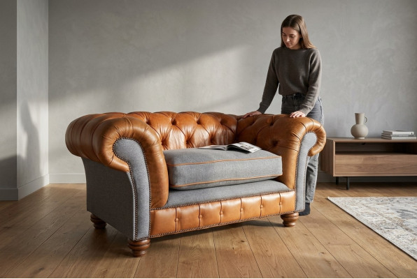 Sessel Polster Möbel Chesterfield Couch Textil Leder Stoff Sofa Einsitzer Braun