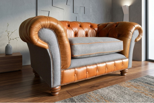 Sessel Polster Möbel Chesterfield Couch Textil Leder Stoff Sofa Einsitzer Braun