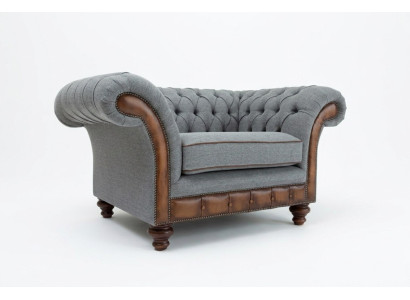 Chesterfield Design Stoff Couch Sessel 1.5 Sitzer Polster Sofas Lounge Samt Grau