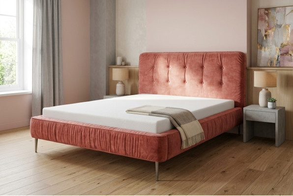 Moderne Betten Holz Leder 180x200cm Polster Ehe Design Leder Hotel Bett Rosa Neu