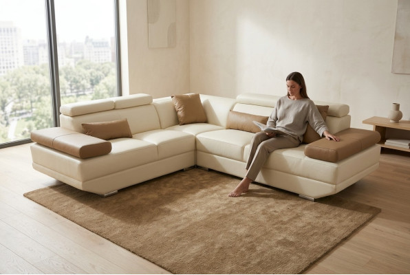 Ledersofa Couch Wohnlandschaft Eck Garnitur Design Modern Sofa L-Form mit USB