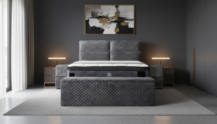 Modernes Designer Luxury Bett mit 2 Nachttischen und Sitzbank Möbel Zimmer 4tlg