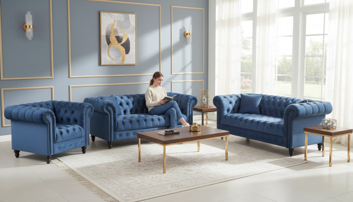 Dreisitzer Chesterfield Sofa Couch Polster Luxus Möbel Stoff Couchen