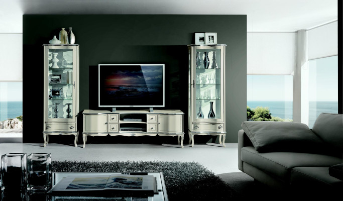 Schicke Set Garnitur 3tlg Rtv mit 2x Vitrine Italienische Möbel Wohnwand Schrank