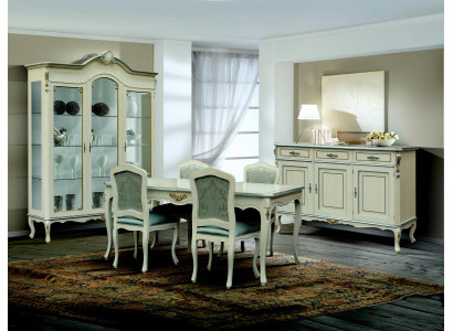 Luxus Esszimmer Set Garnitur 7tlg Weiß Holz Möbel Kommode 4x Stuhl Tisch Vitrine