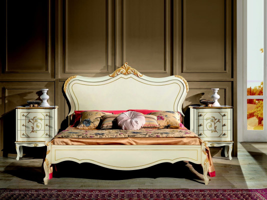 Luxus Bett 160x195cm mit Holz Kopfteil und 2 Nachttischen Italienische Möbel Neu
