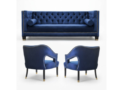 Luxus blaue Chesterfield Couchgarnitur Sessel + Dreisitzer 3+1+1 Set