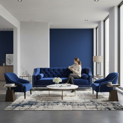 Blaue Chesterfield Sessel Blau xxl Textil Stoff Couchen Gruppe Möbel Garnitur