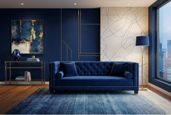 Blauer Chesterfield Dreisitzer Stoff Wohnzimmer Design Couchen