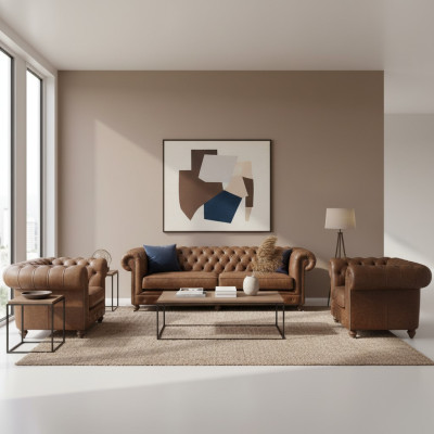 Braun Chesterfield+2 Sessel Leder Couchen Kreative Möbel Neu Wohnzimmer Sofa