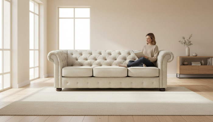 Beige Chesterfield Wohnzimmer Modern Design Couchen Sofa Samt Möbel Stoff Neu