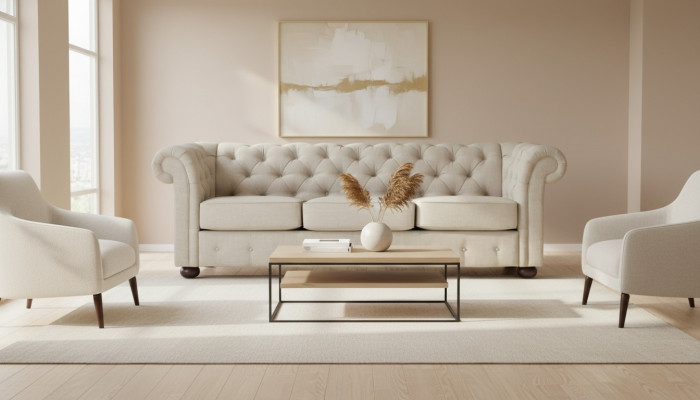Beige Chesterfield Wohnzimmer Modern Design Couchen Sofa Samt Möbel Stoff Neu