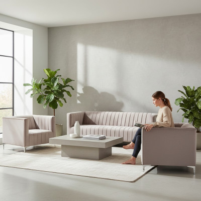 Beige Sofagarnitur Chesterfield Möbel Modern Design Textil Wohnzimmer Couchen