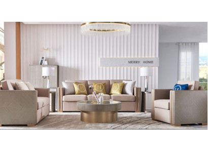 Designer Couch Sitz Polster 3+1 Sitzer Beige Edelstahl Garnitur Sofa Samt Neu