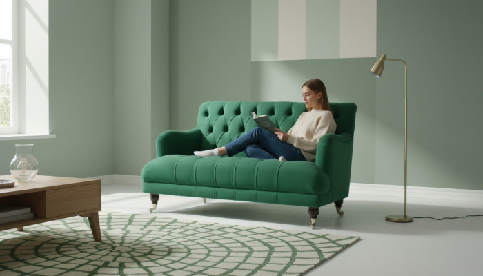 Chesterfield Sessel Couch Polster Sofa Couchen 1,5 Sitzer Einsitzer Grün Textil