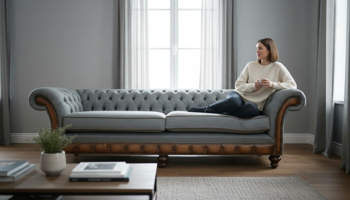 Big xxl Sofa 4 Sitzer Couch Chesterfield Polster Garnitur Leder Textil Grau