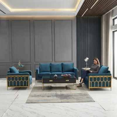 Blaue Edelstahl Sofagarnitur 3+2 Sitzer Polstercouchen Moderne Wohnzimmer Sofas