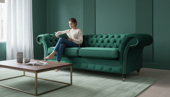 Chesterfield 3 Sitzer Grün Wohnzimmer Modern Design Couchen Sofa Original Textil