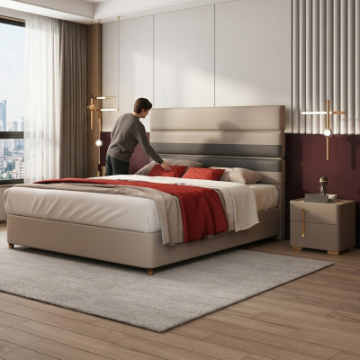 Leder Polster Bett Betten Hotel Luxus Designer Doppel Ehe Schlafzimmer Beige