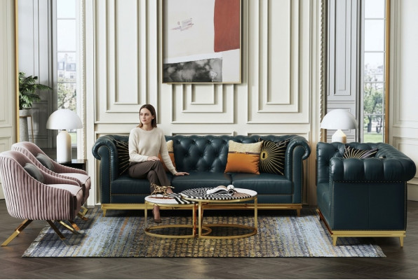 Dunkelblaue Chesterfield 3+2 Sofagarnitur Wohnlandschaft Sofas Polstercouchen