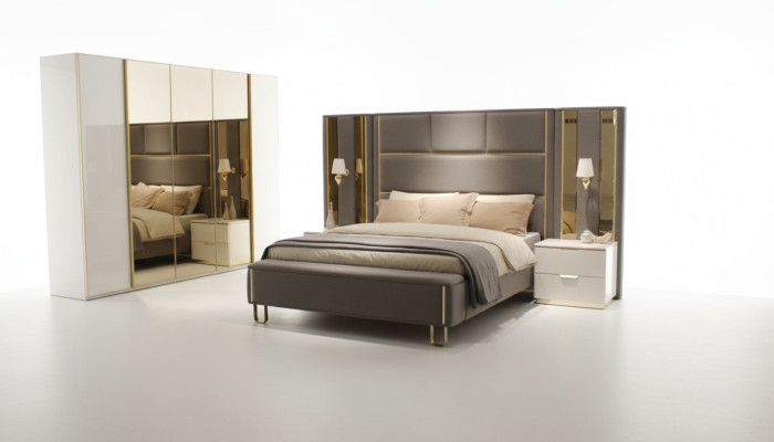 Bett 2x Nachttische 3tlg. Schlafzimmer Doppelbett Design Möbel Holz Neu Set